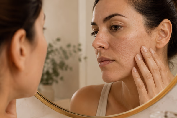 Mulher observando a própria pele no espelho durante avaliação facial, com foco na textura da pele