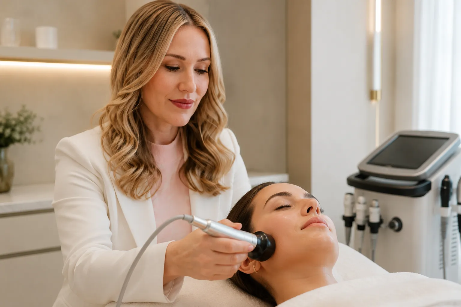 Radiofrequência facial para firmeza e textura da pele Aplicação de radiofrequência facial em ambiente estético sofisticado