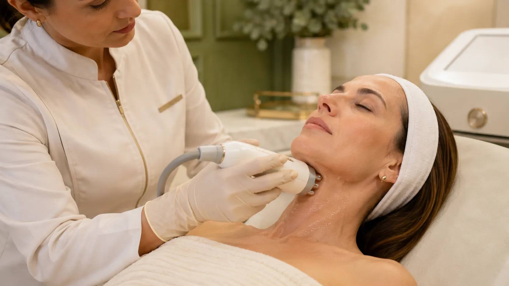 Aplicador de radiofrequência usado na região facial para estimular firmeza