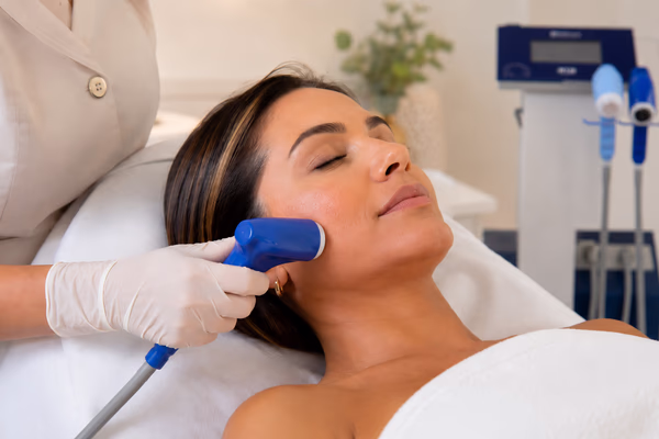 Mulher recebendo tratamento estético facial com radiofrequência em ambiente sofisticado e clean