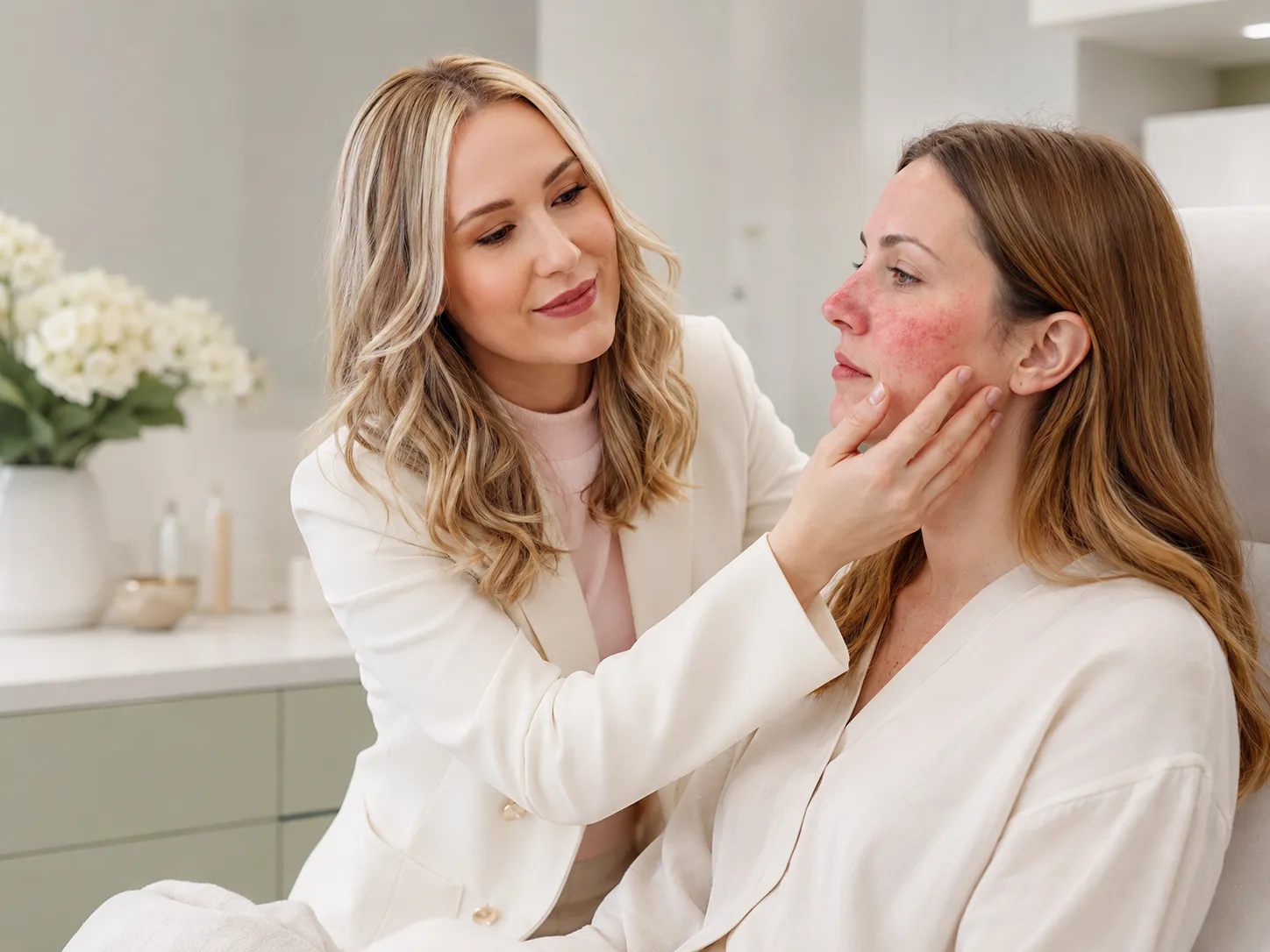Avaliação detalhada de pele sensível Profissional avaliando delicadamente a pele de uma cliente com vermelhidão facial em clínica de estética