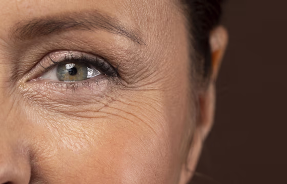 Close de metade do rosto de mulher madura com rugas naturais e pele iluminada