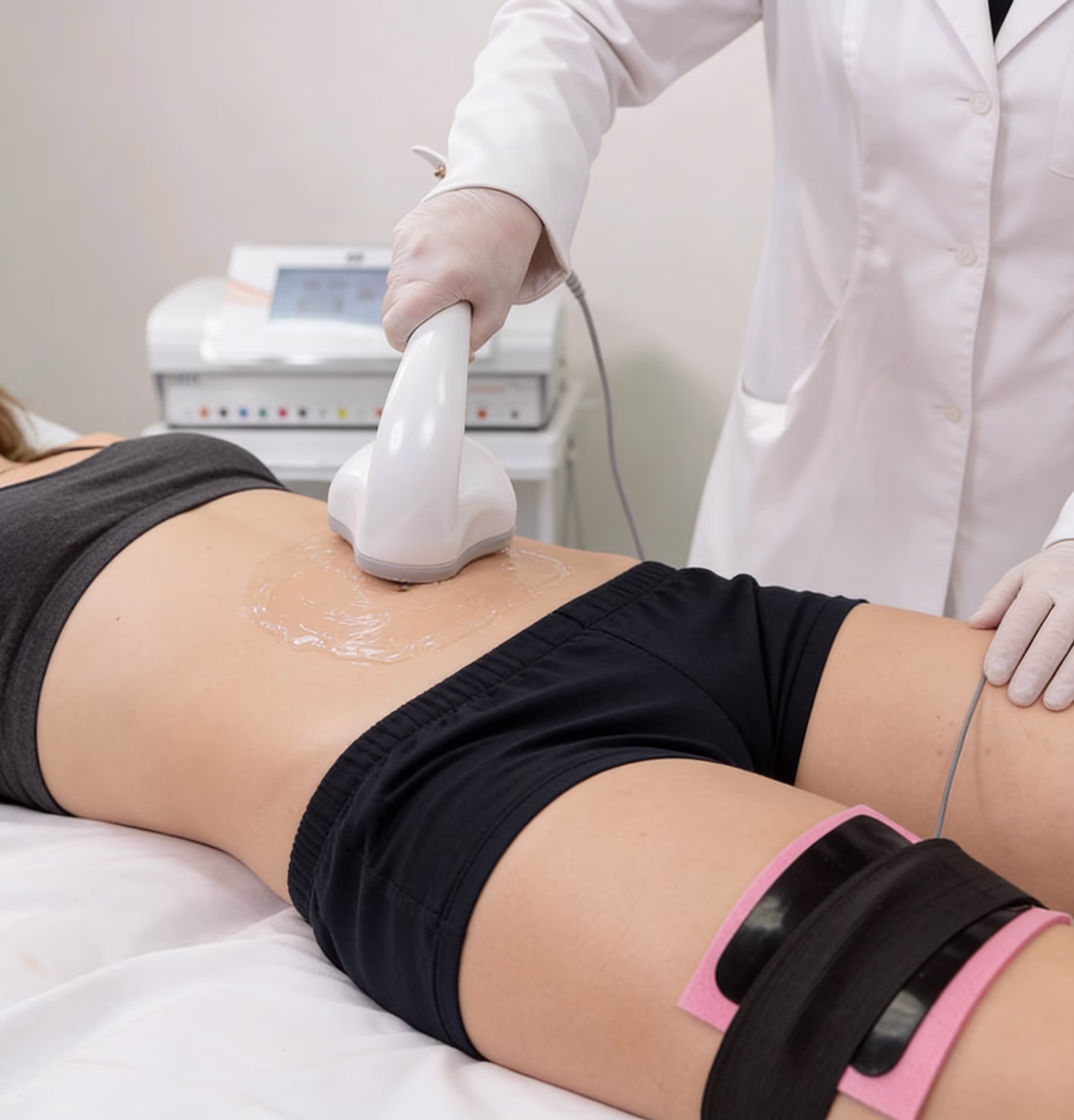 Aplicador de ultrassom macrofocado posicionado no abdômen durante procedimento corporal