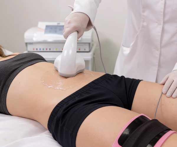 Ultrassom macrofocado aplicado no abdômen por profissional para tratamento de flacidez e contorno corporal