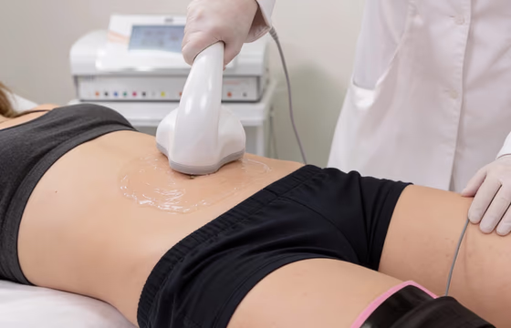 Aplicador de ultrassom macrofocado posicionado no abdômen durante procedimento corporal