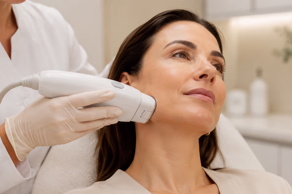Profissional aplicando ultrassom microfocado no rosto de uma paciente em clínica dermatológica