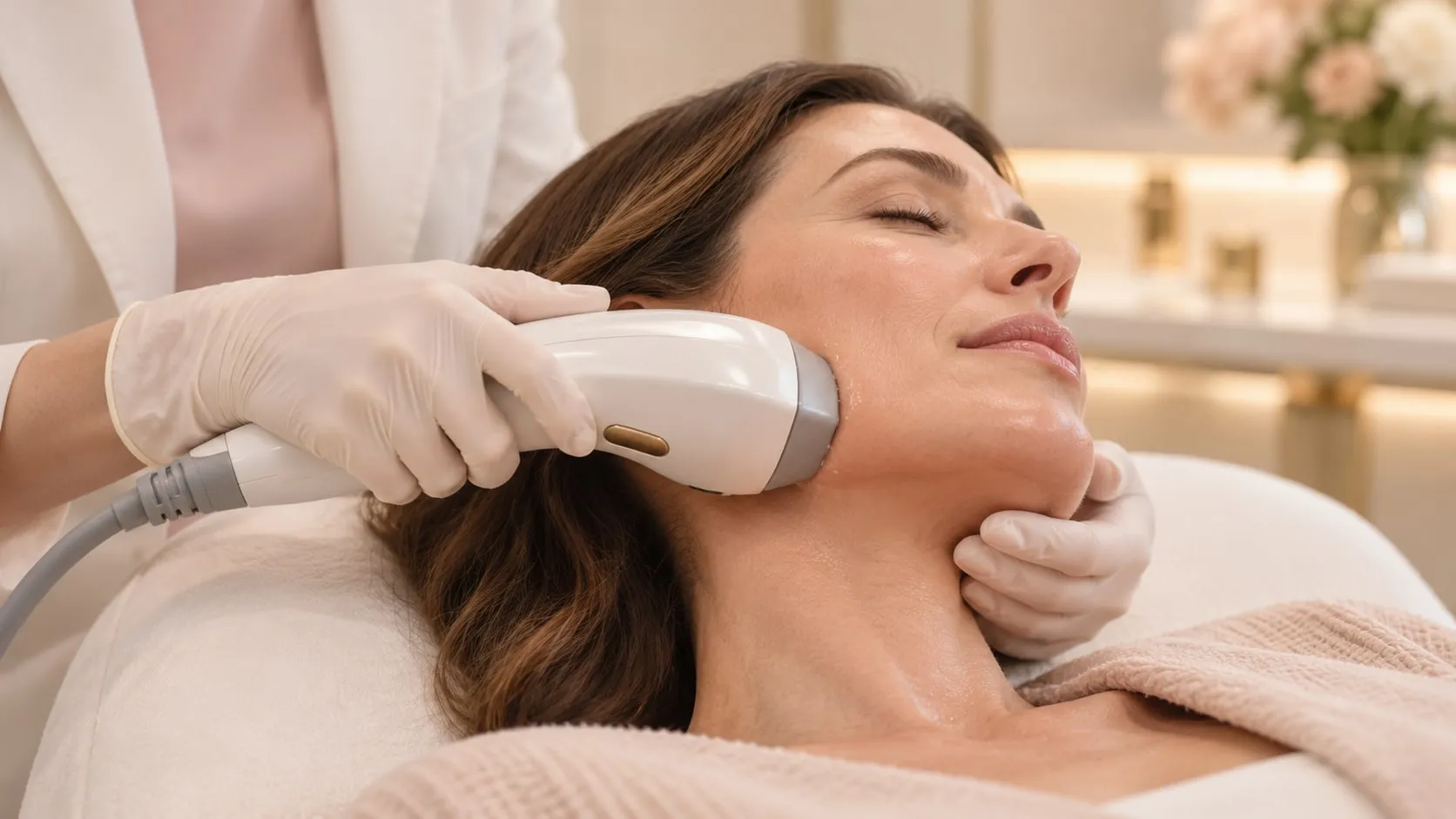 Aplicador de ultrassom microfocado posicionado com cuidado no contorno facial de uma cliente